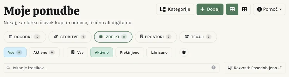 Podrobnejši pogled glave strani: naslov, dejanja, gumb Pomoč in zavihki filtrov.