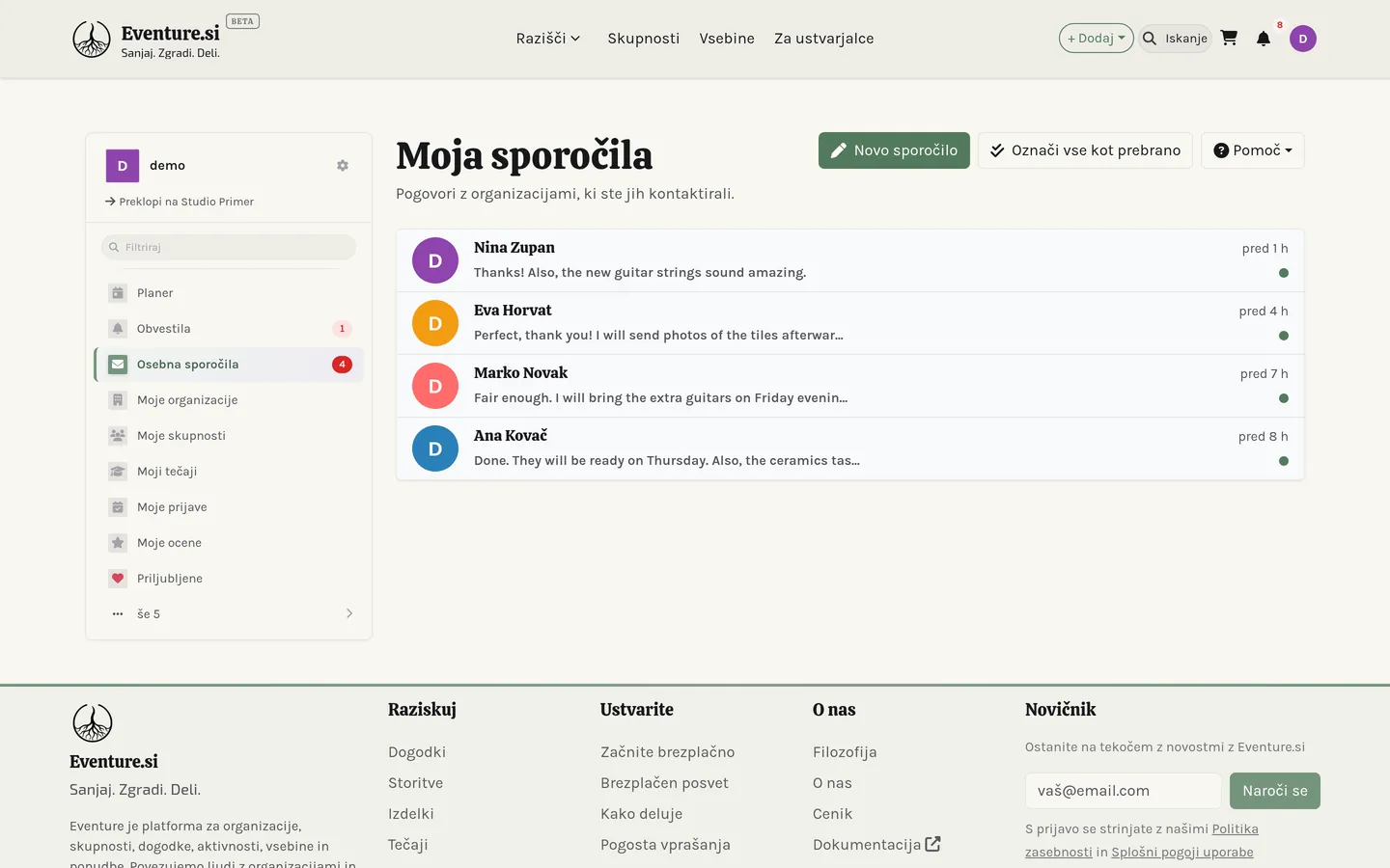 Moja sporočila: pogovori, razvrščeni po osebi in organizaciji.