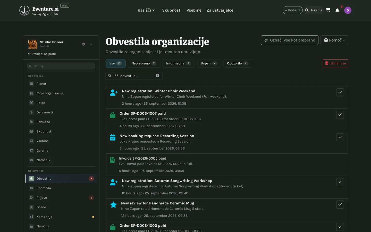 Center za obvestila: osebni in organizacijski vir.