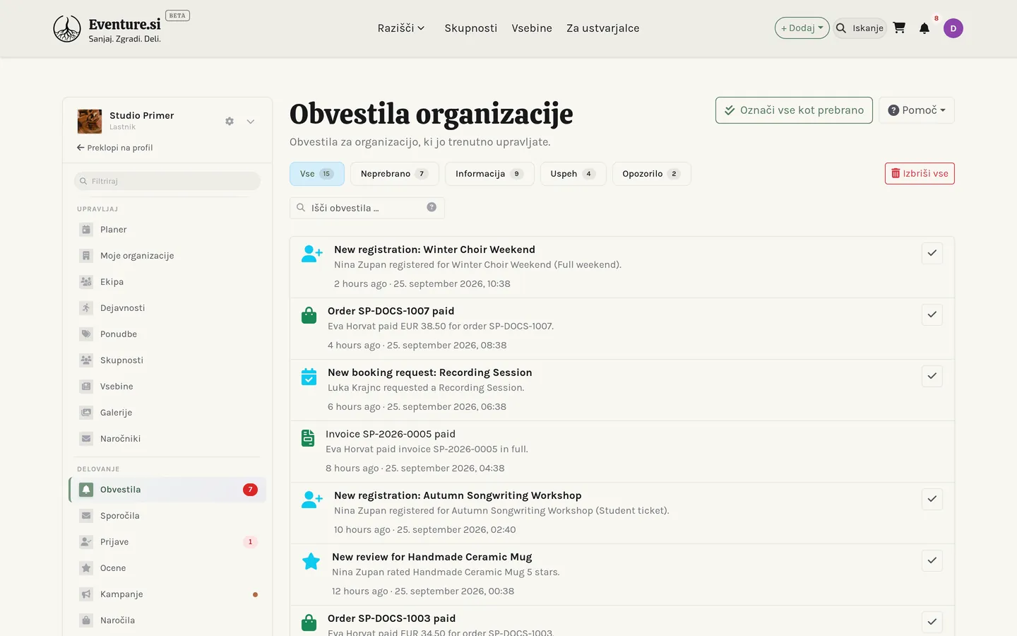 Center za obvestila: osebni in organizacijski vir.