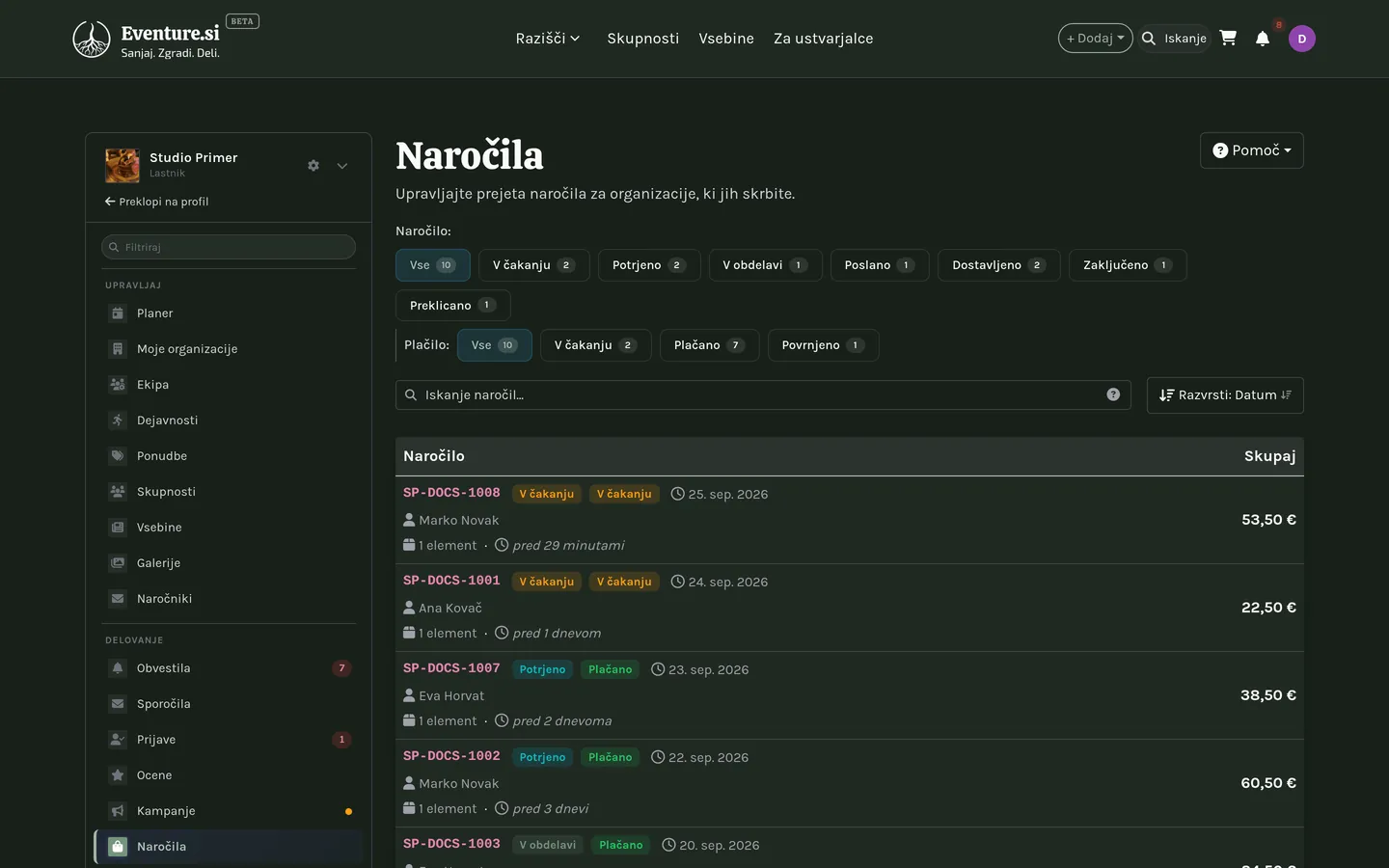 Moja naročila: seznam naročil s filtri stanja.