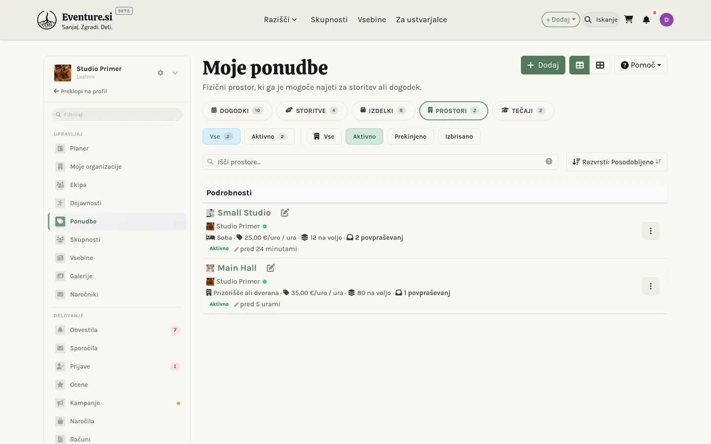 Moji prostori: seznam dvoran, studiev in opreme, ki jih oddajate.